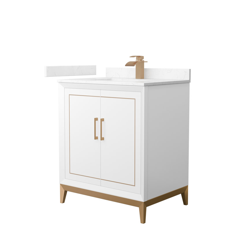 Ensemble de meuble-lavabo simple 30 po Marlena, Marbre de culture de Carrare, Blanc, Bronze satiné