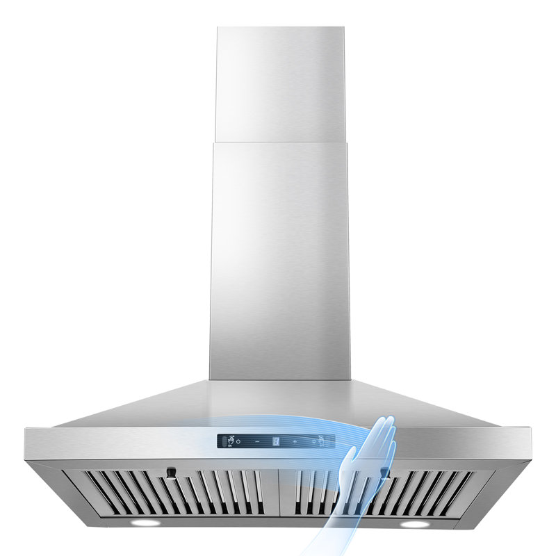 Hotte de cuisine murale, sans conduit / sans conduit avec fonction d'arrêt différé, 480 pieds cubes par minute, ventilateur à 3 vitesses, lumières à DEL écoénergétiques, contrôle doux du toucher / geste, filtres à graisse en acier inoxydable