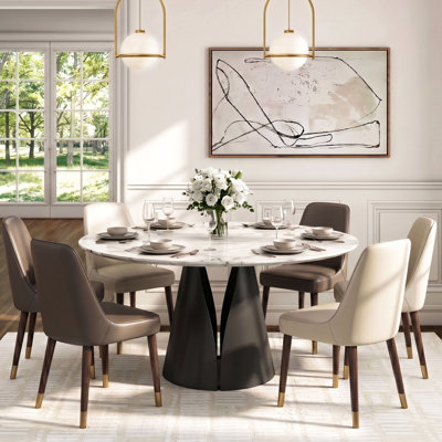 Round White Sintered Stone Dining Table, Tapered Polished silver Metal Pedestal Base, Modern Luxury Oval Marble Look Dinner Table Seats Up To 8