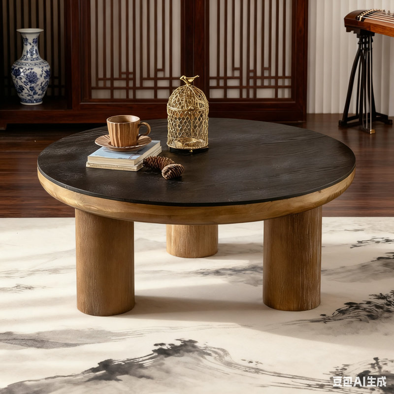 Table basse ronde en bois manufacturé noir Retro, H 15,16 po x L 35,43 po x l 35,43 po