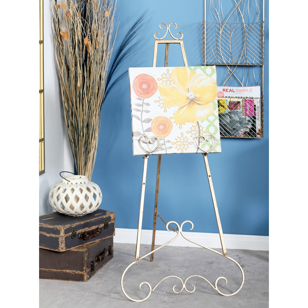 Opalo Gold Metal Large Free Standing Adjustable Display Stand Scroll Easel with Chain Support Fleur De Lis Living Size: 48" H x 24" W x 23" D