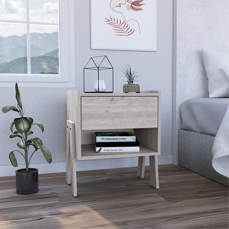 Joy Nightstand , End Table, Side Table Four Legs, One Open Shelf, One Drawer  -Light Grey