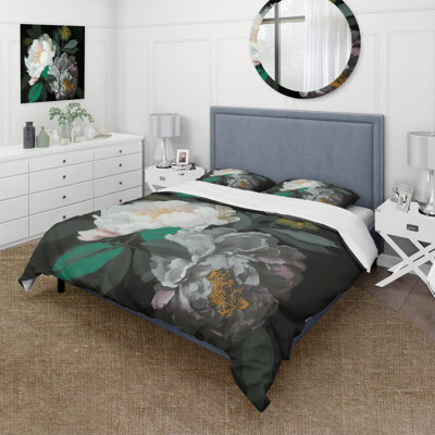 Ensemble de housse de couette en microfibre / polyester White Blossoming Peony On Black I Bedding