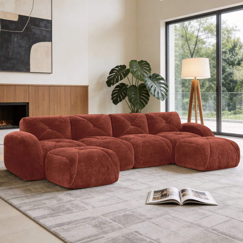 Canapé modulaire surdimensionné en velours à compression de 141 po avec repose-pieds et poufs mobiles de taille modulaire Boneless