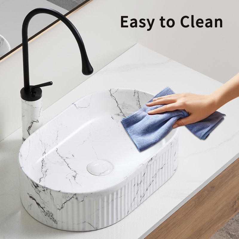 Eugenia 19" Oval Marble Ceramic Vessel Sink with Faucet & Drain