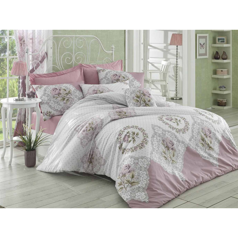 Bog Water Damask Duvet Cover Set with Pillowcases, Pink/White, 240 x 220cm Duvet Cover + 2 Pillowcases