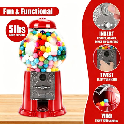 Machine à gommes gros rouge commerciale de 15 pouces avec support, distributeur de bonbons à clé, machine à gomme à bulles en métal, parfaite pour la fête de Noël d'Halloween et cadeau - XH