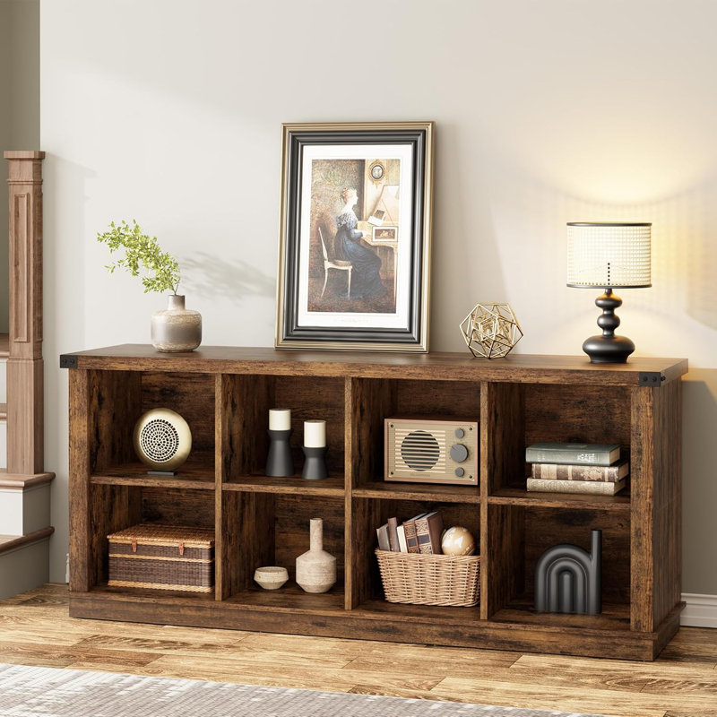 Farmhouse 8-Cube Storage Cabinet – Long Horizontal Wood Bookshelf with 2-Tier Organizer – Freestanding for Living Room, Entryway or Office