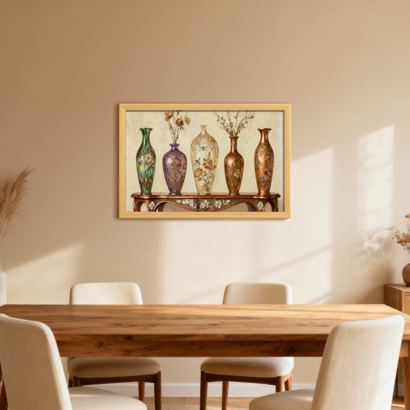 Cinq vases décoratifs sur une tablette en bois, H 12 po x l 18 po, Toile tendue, Ne s’applique pas