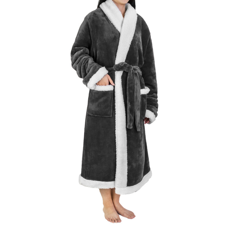 Peignoir mi-mollet en molleton avec poches, Gris