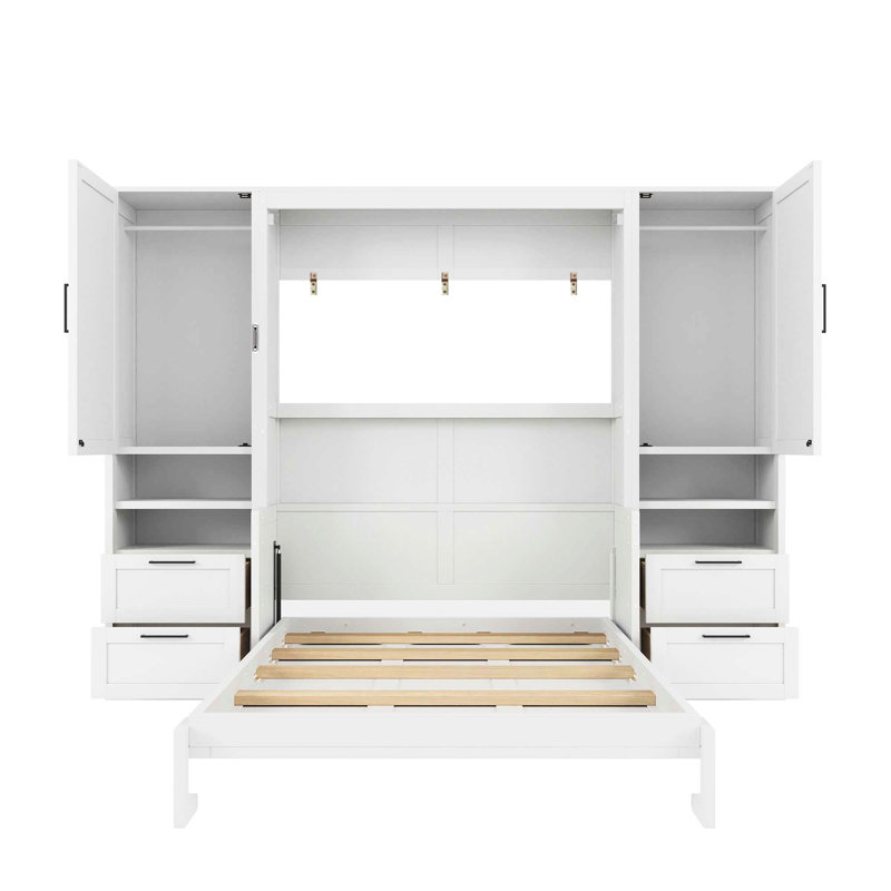 Lit double mural blanc avec tablette de rangement latérale et sous le lit rabattable pour tablettes à tiroirs intégrés Tidy Living