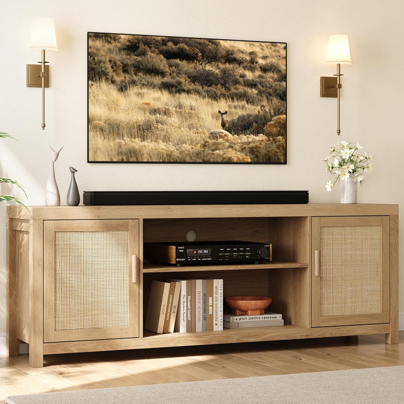 Rattan TV Stand for 75 Inch, Boho Entertainment Center with Storage and Doors