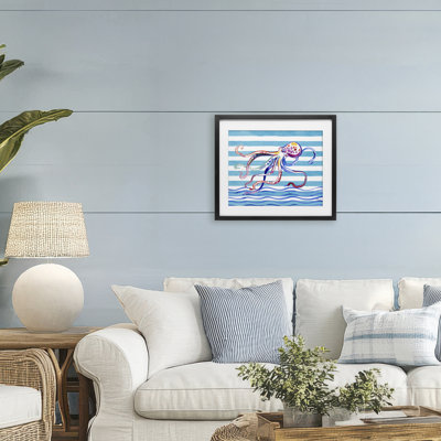 Brushed Octopus on Stripes Framed Print Under Glass, design by Paul Brent