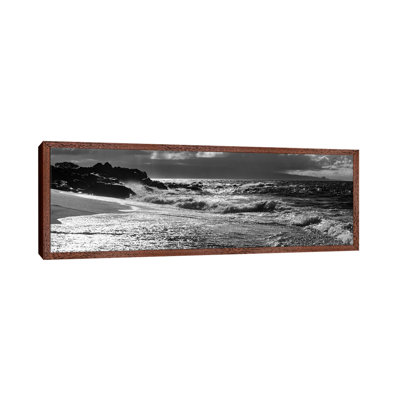 Black and White Landscape with  Beach and Waves in Sea, Maui, Hawaii Islands, USA 1 Piece Panoramic Wall Art on Canvas