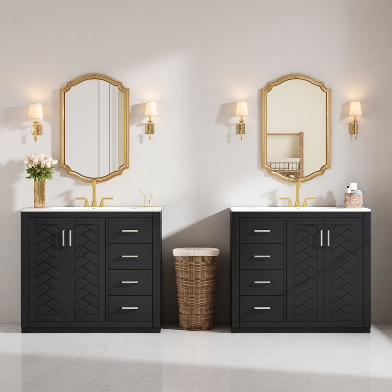Meuble-lavabo 72 po avec lavabo en céramique (séparé), armoire de rangement en bois massif, Noir, Argent argent