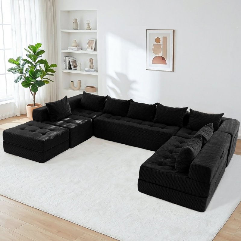 Boneless U Shaped Modular Sectional Sofa Couch, Black Corduroy, 15" H x 133" W x 87" D