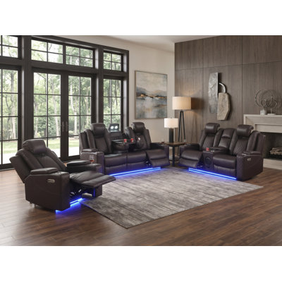 3-piece Power Reclining Living Room Set With Diamond-stitched Breathable Leather Upholstery, Bluetooth Speaker, Wireless Charging, Led Lights, Cup Holders & Storage  (set Of 3)