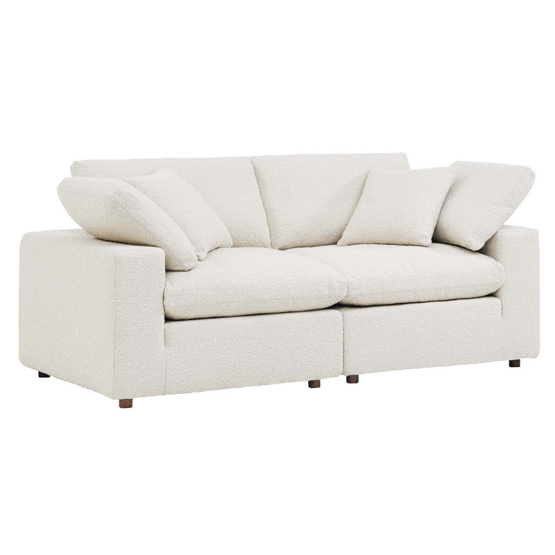 Ivory Boucle Fabric Overstuffed Loveseat with Down Cushions
