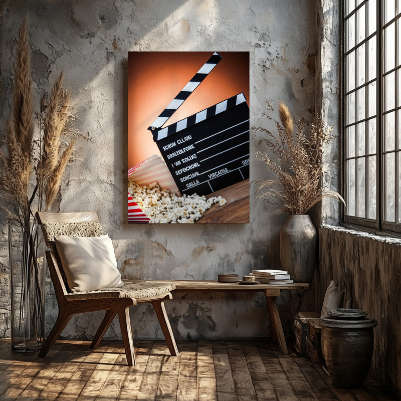 Toile une scène de film dynamique et dynamique mettant en vedette un art mural noir classique et un clap blanc positionné en angle avec l'art mural sur toile