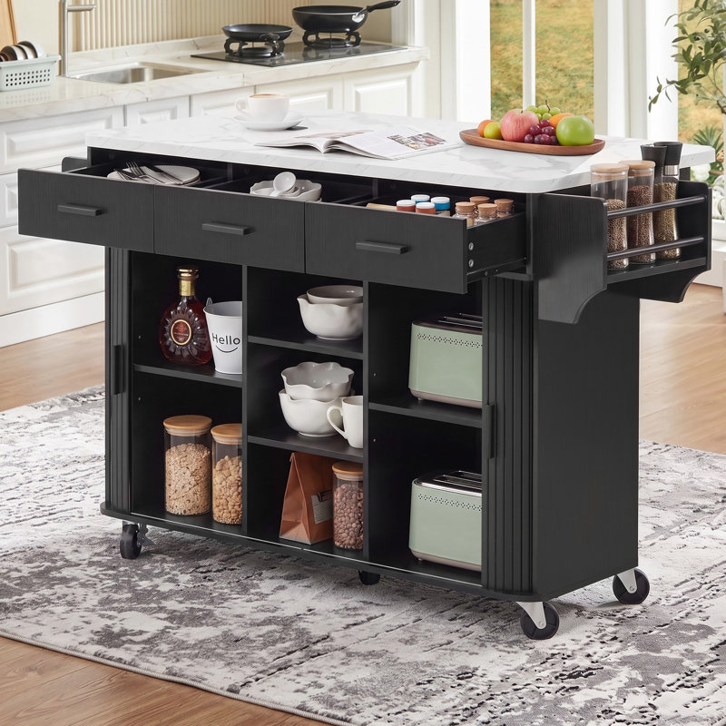 Îlot de cuisine de 136 cm avec rangement et porte coulissante, chariot de cuisine à roulettes avec prise électrique, abattant, 3 tiroirs, étagère à épices et porte-serviettes, table îlot en imitation marbre pour la cuisine, noir