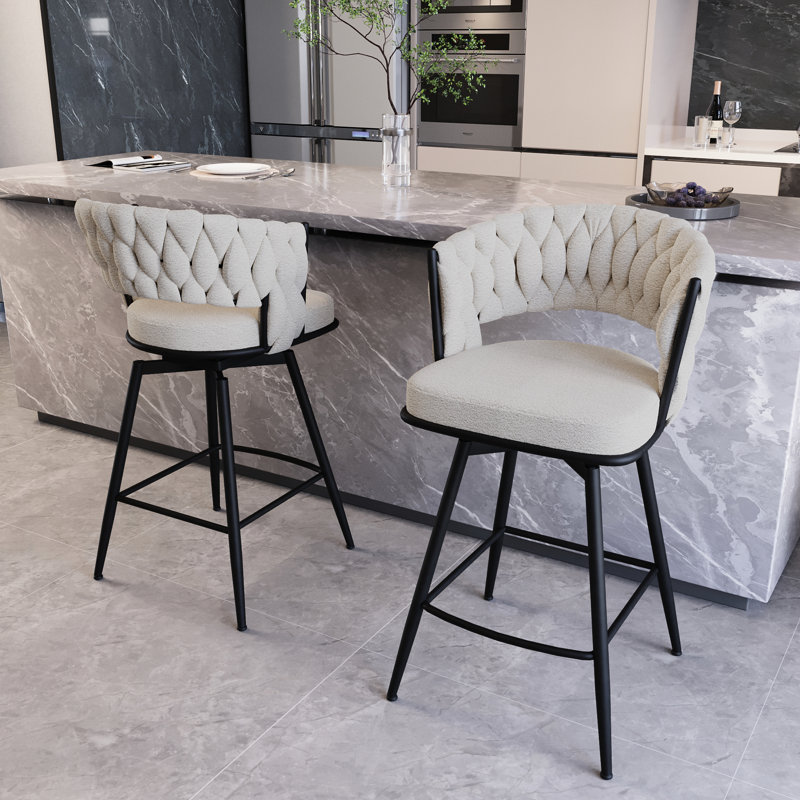 Ensemble de 2 tabourets de bar en lin blanc Rotation à 360 degrés, base. Matériau des serviettes, rembourrage confortable. Pour les bars, les tabourets 2 tabourets. Fonction pivotante, construction , Cafés, Îlots de cuisine. Assemblage