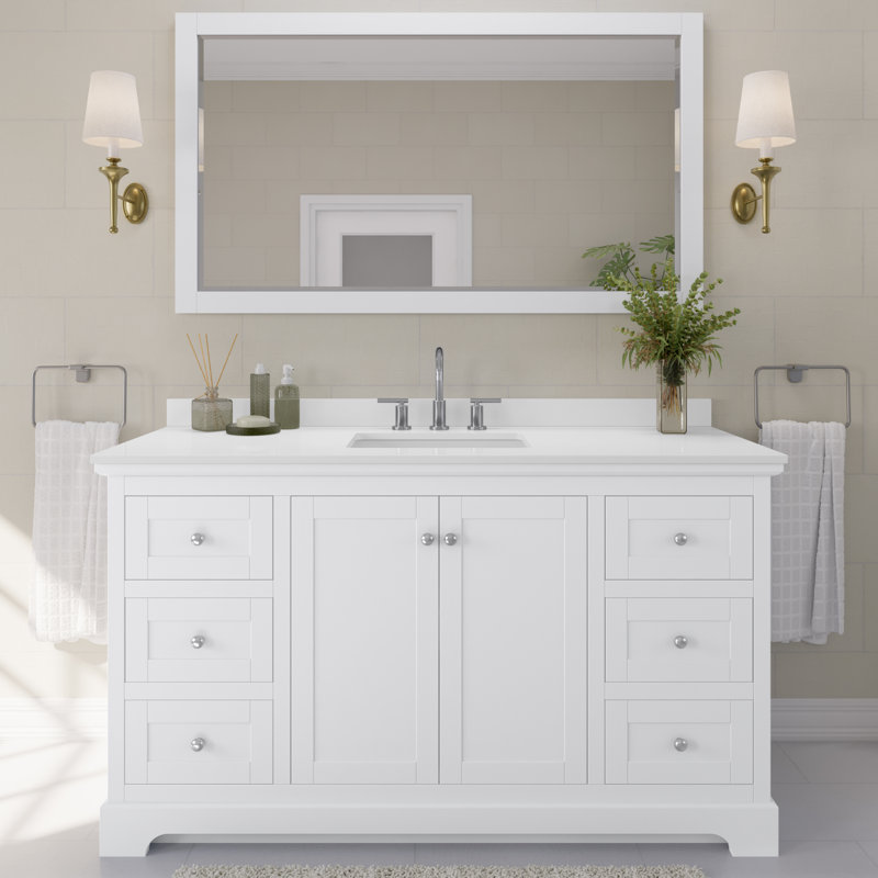 Avery Single Bathroom Vanity with Top, White, Polished Chrome, White Quartz