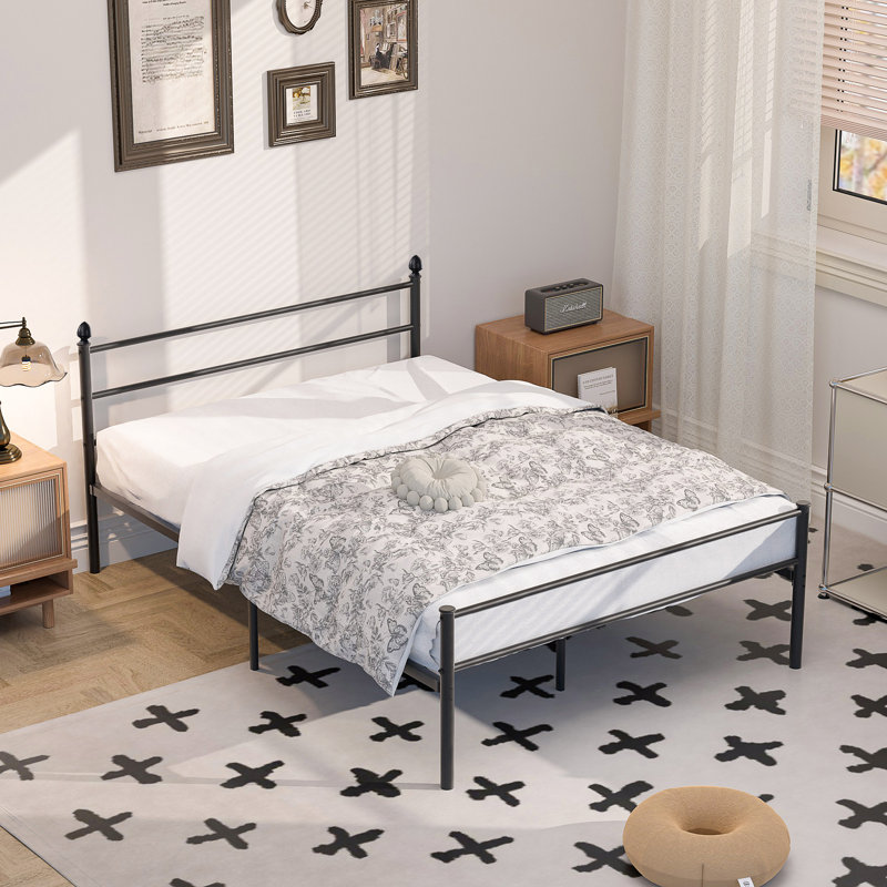 YT 28cm Metal Bed Frame with Headboard/ Steel Slat Support/Mattress Foundation, Double (4'6)
