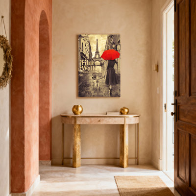Paris, Tour Eiffel, femme avec parapluie rouge et chien, reproduction d'art sur toile tendue sur toile (ensemble de 1)