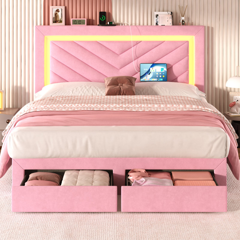 Upholstered Queen Size Bed Frame With Adjustable Charged LED Headboard And Storage Drawers, Pink, Queen, Pink