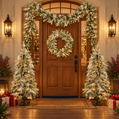Ensemble 4 pièces d'arbre de Noël avec 2 arbres d'entrée, une couronne et une guirlande