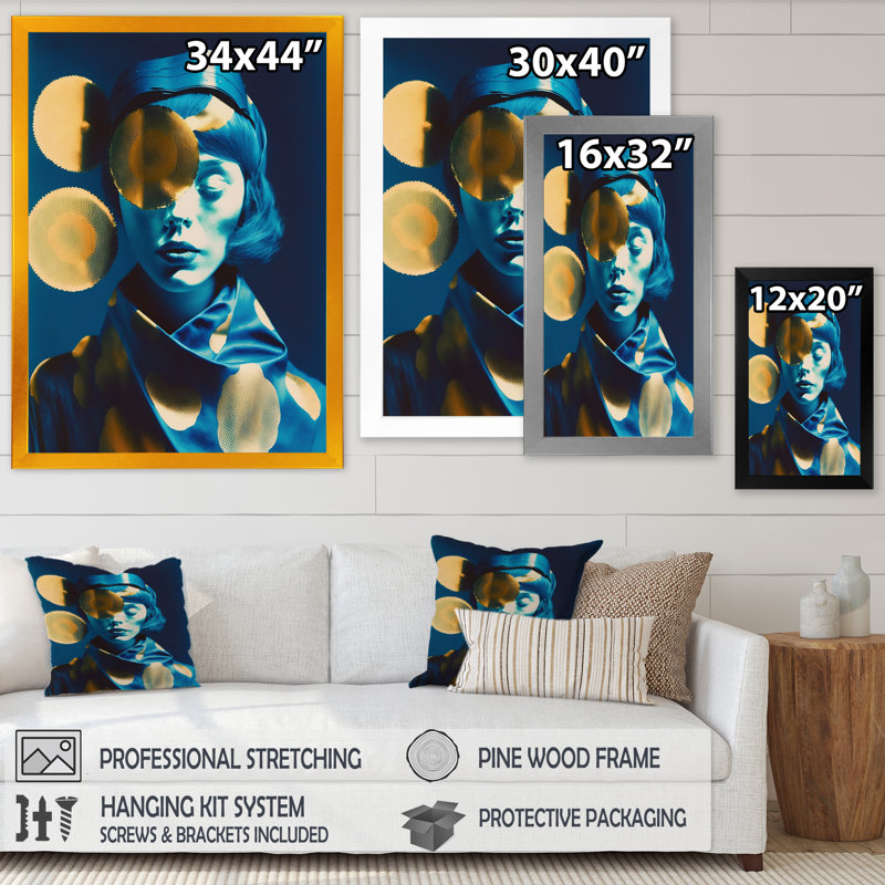 Earvin Avant Garde, modèle en or et bleu rétro sur toile, H 20 po x l 12 po x P 1 po, Cadre photo noir