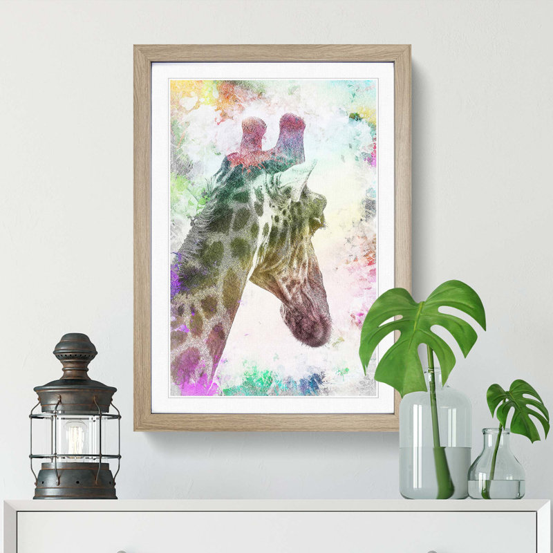 Giraffe Facing the Rainbow in Abstract - Picture Frame Painting Print, 65cm H x 48cm W x 2cm D, Oak Framed