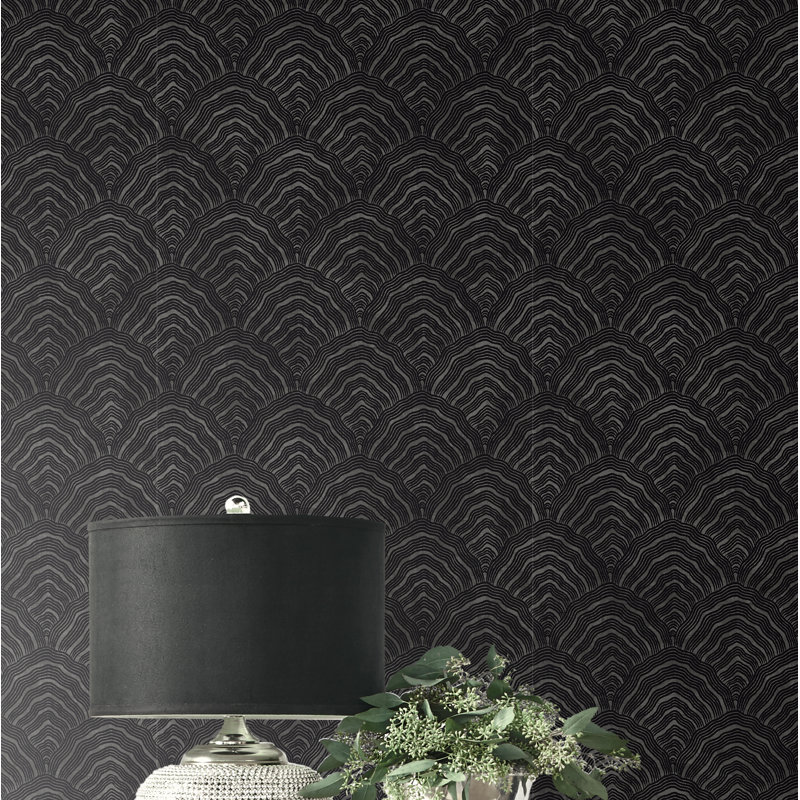 Papier peint métallisé 33 pi x 20,5 po à motif festonné Maes, Noir / argent métallique
