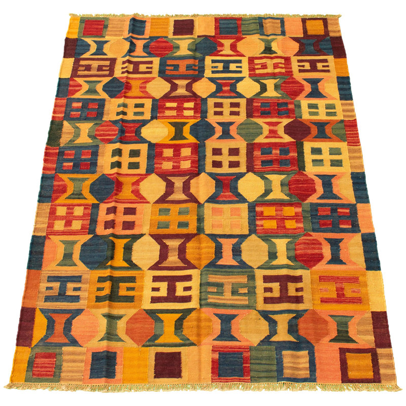 Tapis rouge foncé / saumon en laine fabriqué à la main