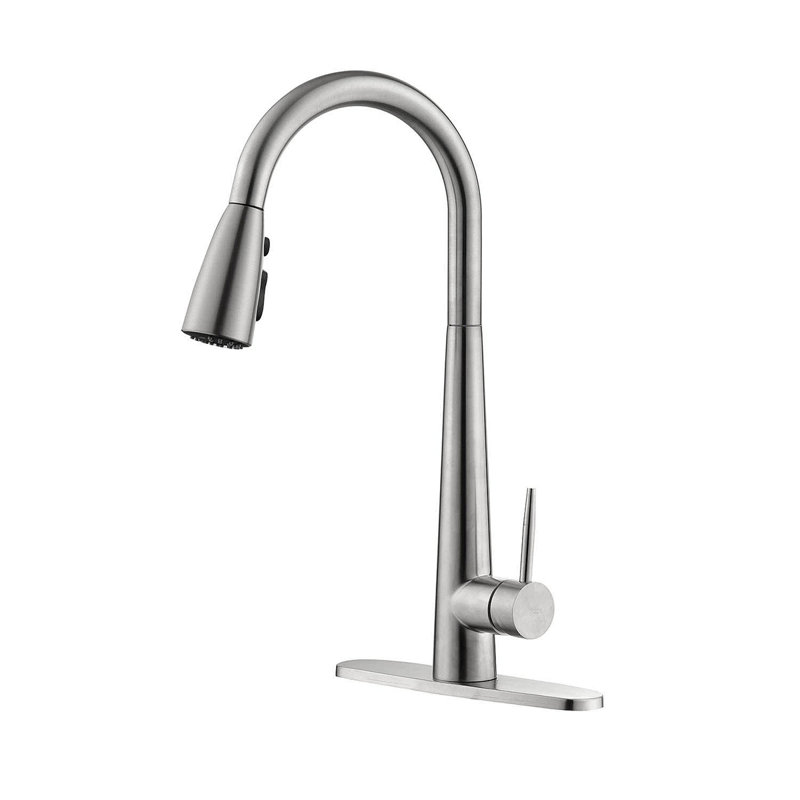 Robinet d'évier de cuisine à poignée simple en acier inoxydable avec douchette extractible, Nickel brossé