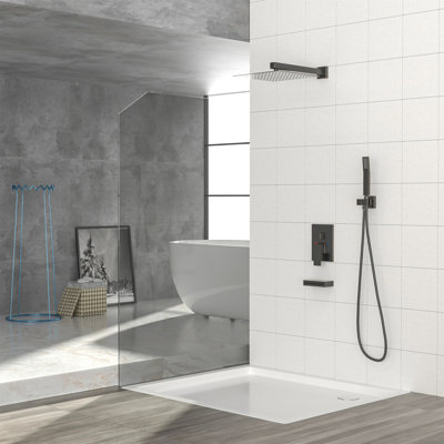 Système de douche avec bec de baignoire en cascade, système de douche carré mural de 12 pouces avec valve brute