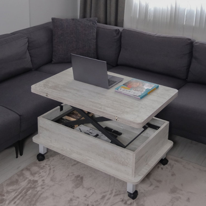 Table basse à roulettes avec rangement Lift-Top, Blanc antique