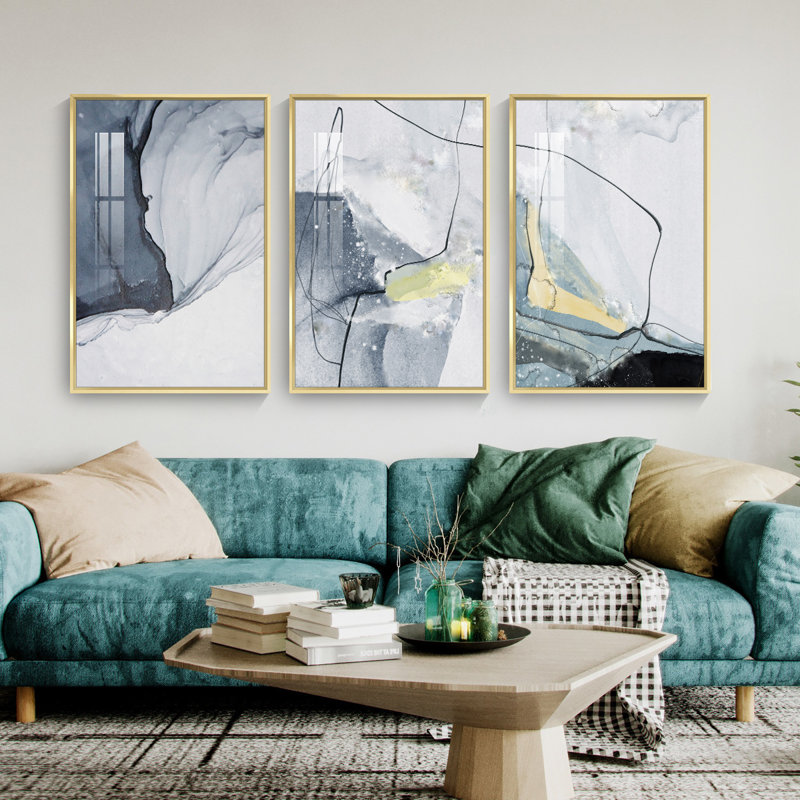 Abstrait aluminium encadré, ensemble de 3 reproductions d'art encadrées sur toile, H 24,3 po x l 48,3 po x P 1,65 po, Or