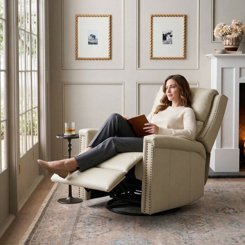 Medlin 31''W Transitional Faux Leather Dual Motor Swivel Rocker Recliner with USB Ports, Beige