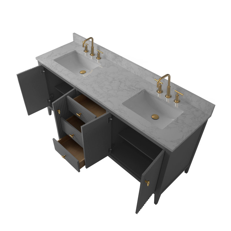 Laval 72" Double Sink Freestanding Bathroom Vanity with Engineered Marble Top, Golden Brushed, Linear Cashmere Gray