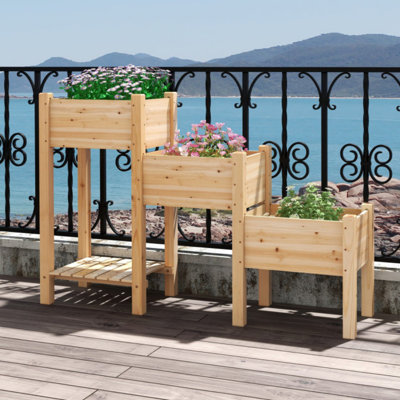 Lit de jardin surélevé en bois à 3 niveaux avec tablette de rangement ouverte