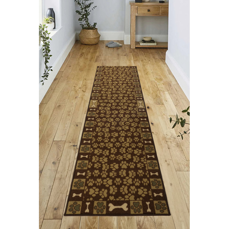 Slip Resistant Washable Brown Pet Paw &Bone Design Low Pile Area Rug 2x7, Rectangle 5' x 7'