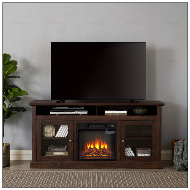 Meuble télé contemporain avec meuble télé et foyer encastrable 18 po pour téléviseur de 65 po ou moins avec espace de rangement ouvert et fermé