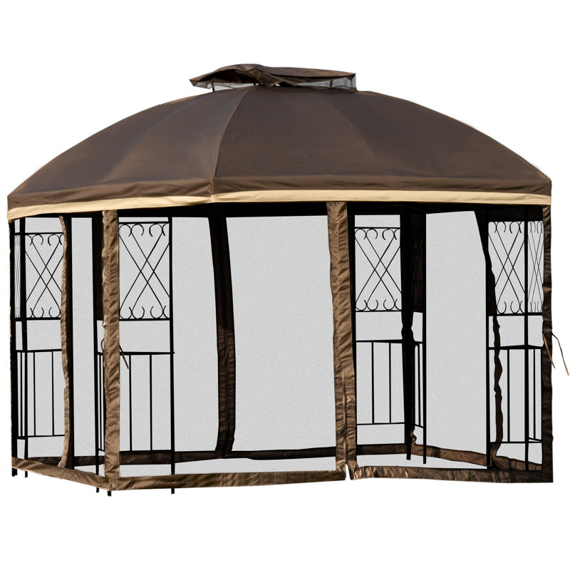 Brown 10' x 10' Metal Patio Gazebo with Mesh Netting