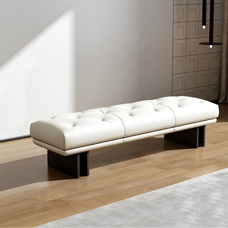 Banc rembourré en cuir Shanique, Blanc cassé, H 16,53 po x l 70,86 po x P 19,68 po