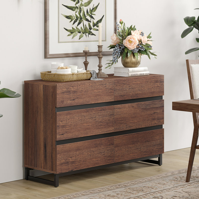 Buffets modernes, buffet avec 6 tiroirs et base en métal, armoire de rangement pour bar et cuisine, Brun