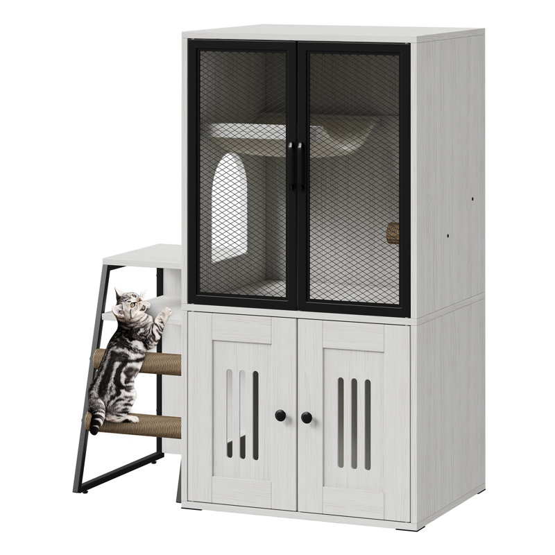 Meuble de toilette pour chat moderne pour chat – Rangement dissimulé, échelle, hamac, porte grillagée en métal – Meuble de toilette pour chat résistant aux chiens – Blanc
