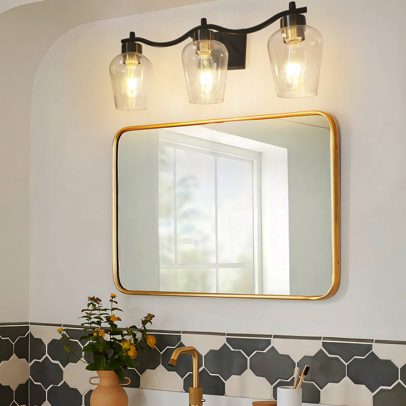 Black Vanity Light With Seeded Glass Shade, 3 Lights