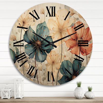 Horloge murale surdimensionnée en bois bleu sarcelle avec pétales orange I