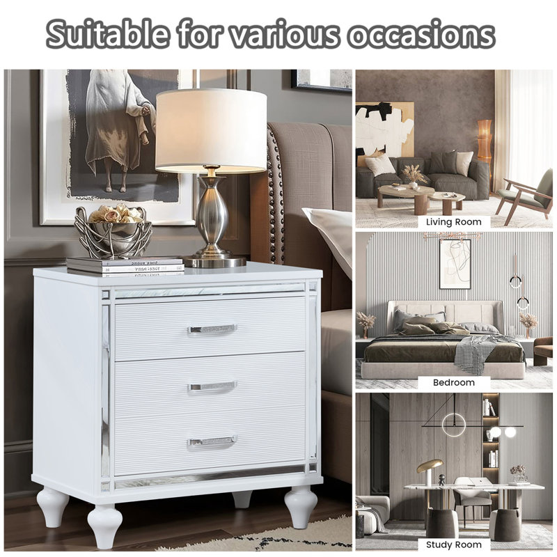 Nightstands With Mirror Frame Accents, Bedside Table With Two Drawers And One Hidden Drawer, End Table With Crystal Pull